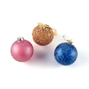 Set Of Three Blown Glass And Glittered Ornaments. Pink, Blue, Gold